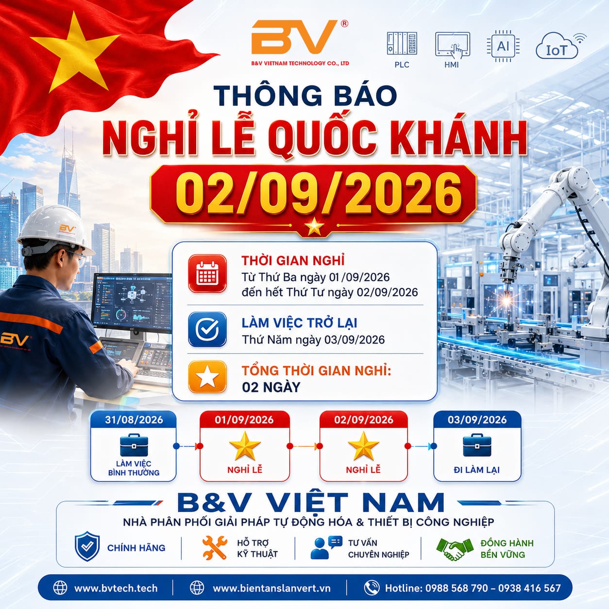 B&V VIỆT NAM THÔNG BÁO LỊCH NGHỈ LỄ QUỐC KHÁNH 02/09/2026